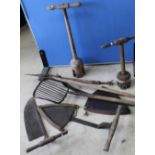 Collection of vintage tools including peat cutter, Bull lead etc