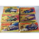 Six boxed matchbox cars in unused condition including Toe Joe, Pi-Eyed Piper, Blue Shark, Datsun