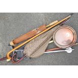 Copper bed warming pan, a selection of walking sticks, a shooting stick, a Japanese bamboo