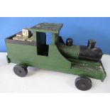 Vintage green and black painted push along model of a steam engine, L52cm H27cm, and a collection of