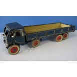 Mettoy blue tinplate clockwork lorry and trailer with cream detail, red wheels with white tyres,