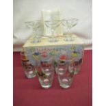 Set of six Baby Cham glasses with packet of napkins in original box and a set of six glass