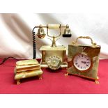 Onyx telephone, mantel clock and hinged trinket box (3)
