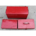 Three vintage metal tool boxes/chests, largest, L52cm H21cm D9.3cm