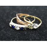 Hallmarked 9ct yellow gold sapphire and white stone ring, a 18ct yellow gold ring with two claw