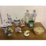 Pair of bisque figures of a lady and gentlemen tennis players, three Coalport and others flower