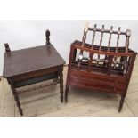 Edwardian inlaid mahogany three division Canterbury, with two drawers, on ring turned tapering