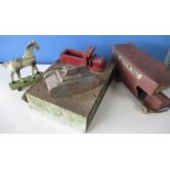 Vintage toys; Small hand made push along wooden model of a dappled horse, a similar tank and