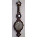 C19th onion top rosewood wheel barometer and thermometer, four silvered dials with ebonised framed