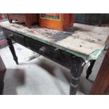 Victorian painted pine side table, with planked top and two frieze drawers with turned wooden