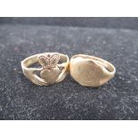 Hallmarked 9ct yellow gold Claddagh ring, size U and a 9ct yellow gold signet ring, initialed,