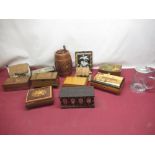 Collection of wooden music boxes some hand painted, some with marquetry lids and a framed, mother of
