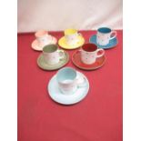 Set of six Art Deco style Multicoloured Susie Cooper teacups and saucers