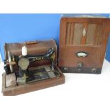 Singer hand sewing machine in domed oak case no. F4598887 and a Cossor valve radio in walnut case