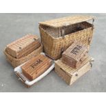 Early C20th wicker laundry basket with leather strap, hinges and buckle, 90cm D57cm H53cm, two