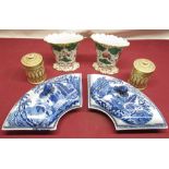 Two blue and white fan shaped servng bowls. two decorated spill vases and two other peoces pf