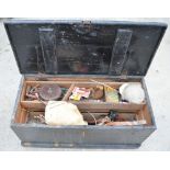 Large wooden carpenters chest containing large quantity of tools, including saws, hammers, drill,