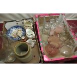 Bridgewater Spongeware jug, pink tint water jug, other decorative ceramics and glass etc (2 boxes)