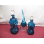 Pair of blue glass decanters and blue & clear glass jug,