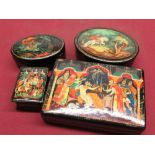 C20th Russian lacquered papier mache souvenir box, decorated with traditional Russian scene of