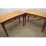 Pair of modern pine side tables, inverted bow front tops above two drawers with turned wooden