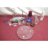 Murano style glass fish, two glass paperweights and a small collection of glassware