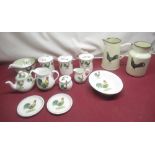 Staffordshire cockerel decorated tableware including tea, coffee, sugar lidded barrels, four egg