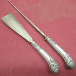 Victorian steel shoe horn with hallmarked silver pistol grip handle L25cm and matching boot hook,