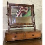 C19th mahogany toilet mirror on turned supports with acorn finials on two drawer base with bun