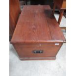 Victorian pitch pine blanket box, lift up lid, internal candle box and drawer with metal carry