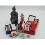 C20th terracotta warrior, H17.5cm, Chinese carved soapstone seal, set with oxen, three other boxed
