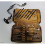 Vintage hand turned brace and bits in soft carry case. Bits by Turner & Jepson, G.T Skelton, etc