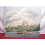 R. Barnett (C20th); Windsor Castle from the River, oil on board, unframed, 51cm x 61cm