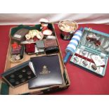 Box of miscellaneous inc. ceramic rolling pins, Toby Jugs, commemorative coins, a Riyal Mint 1983