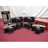 Seven Olympus trip 35 cameras (1 boxed) and two boxed Olympus PS200 flashguns