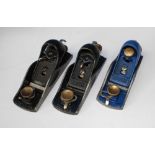 3 small vintage open mouth adjustable block planes, 2 by Record, the other by Stanley. Base plates