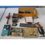 Collection of vintage tools including tenon saw, Clipper and Stanley hand held rotary drills, an