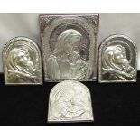 C20th Italian hallmarked silver icon, relief decoration with Madonna and Child, H14cm, three similar