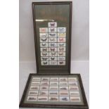 Two framed sets of cigarette cards, one relating to trains, the other Butterflies.