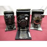 Three quarter plate folding cameras, including Cameo folding plate camera with original box, Zeiss