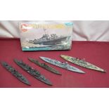 Waterline model ships including HMS Ajax and HMS Dido, and a boxed and sealed Airfix model Vosper