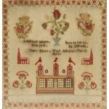 Victorian woolwork sampler worked with flowers, workhouse, chapel and poem "Long long labour, little