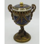 Late C19th ormolu mounted Sevres type porcelain vase with two scroll handles and drapery bands on