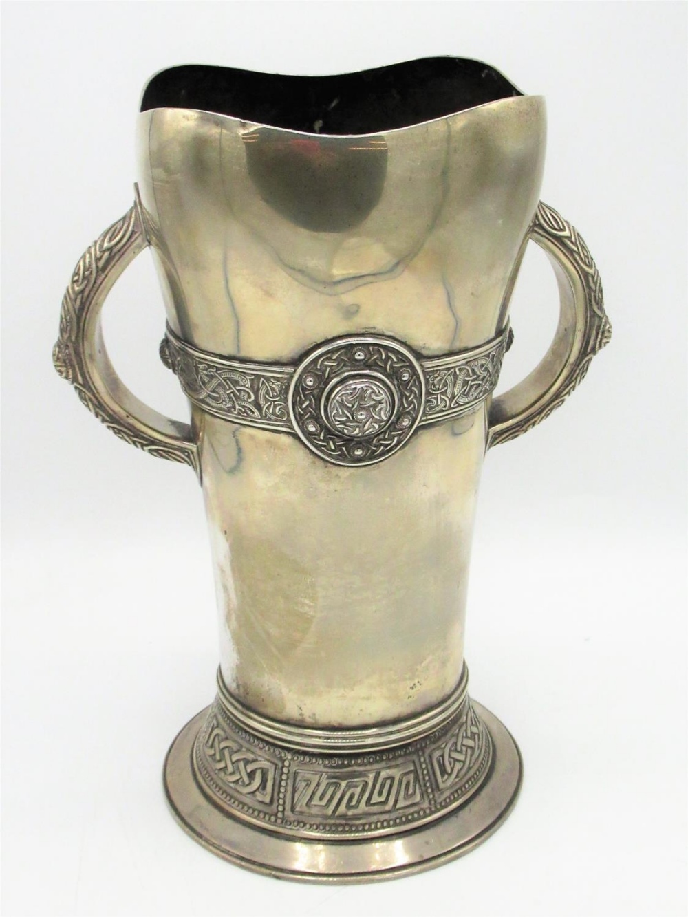 Geo.V hallmarked Sterling Irish silver two handled wine cooler or vase, tapering body with waived