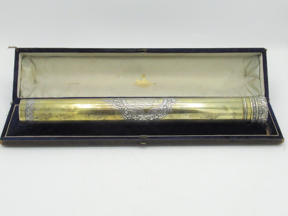 Victorian hallmarked Sterling Scottish silver gilt presentation scroll case decorated with - Image 2 of 3