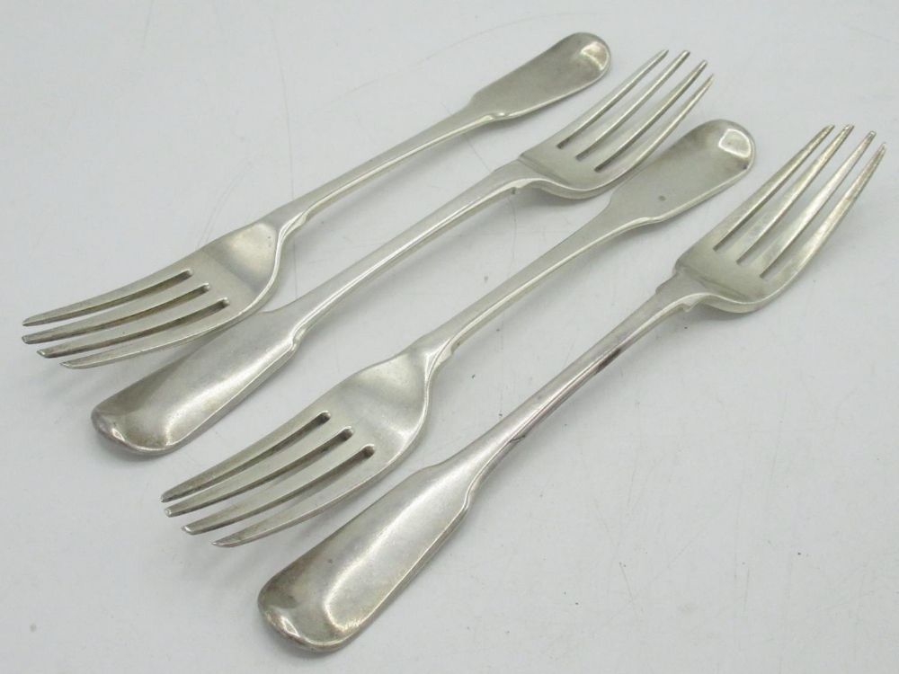 Set of four Geo.III hallmarked sterling silver fiddle pattern table forks, makers mark RC, London