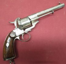 Rare Confederate marked Le Faucheux 1854 nickel plated 6 shot 11mm pinfire revolver, 6" round barrel