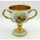 Cauldon goblet shaped tyg, painted with Highland cattle in landscapes, signed Donald Birbeck, gilt