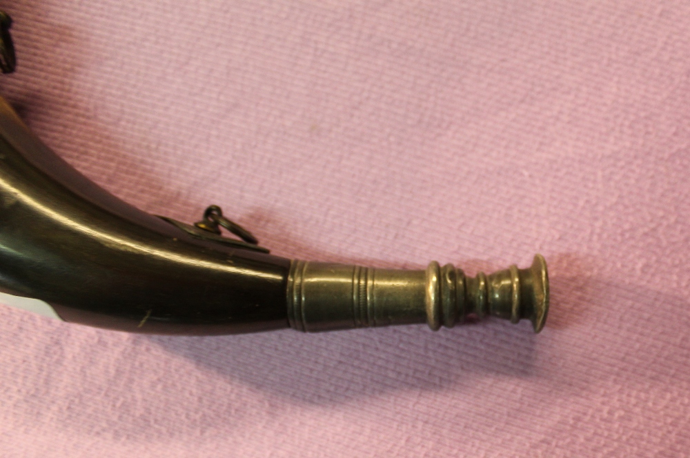 C19th hunting style horn, with twin hanging rings and pewter mouth piece and mounts, L28cm - Image 2 of 3