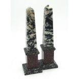 Pair of small C19th Grand Tour specimen marble obelisks, of typical stepped square tapering form,
